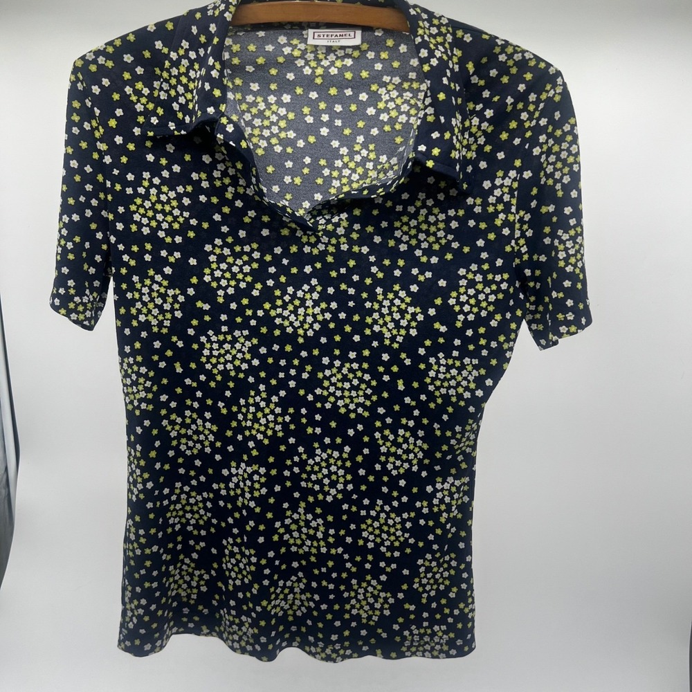 Stefanel Italy Navy Blue Lime‎ Green Floral Polo Shirt Short Sleeve Womens Large